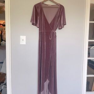 Lavender V Neck Wrap Velvet Maxi Dress